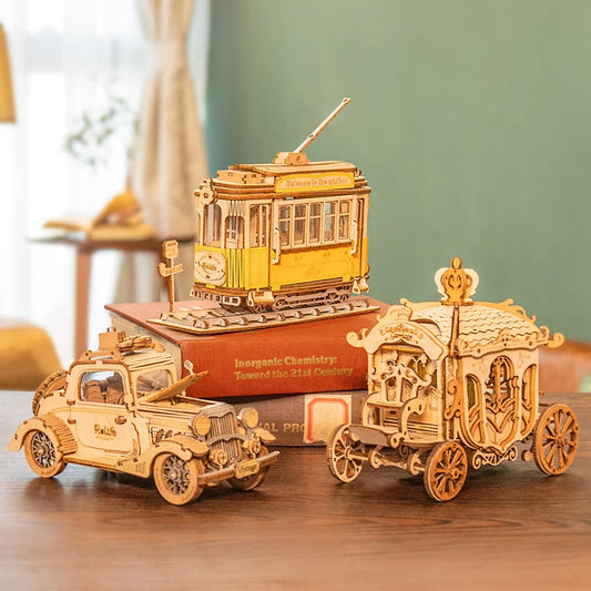 Vintage auto, trammivagun ja vanker – 3D puidust pusle DIY komplekt 