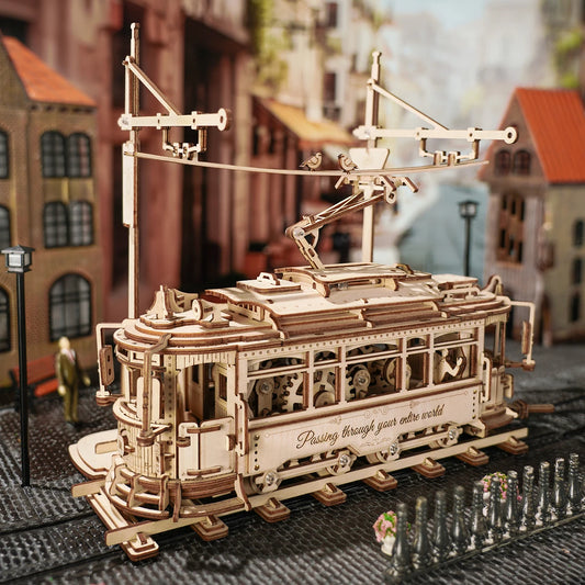 Classic City Tram Car Moveable Wooden Toys DIY